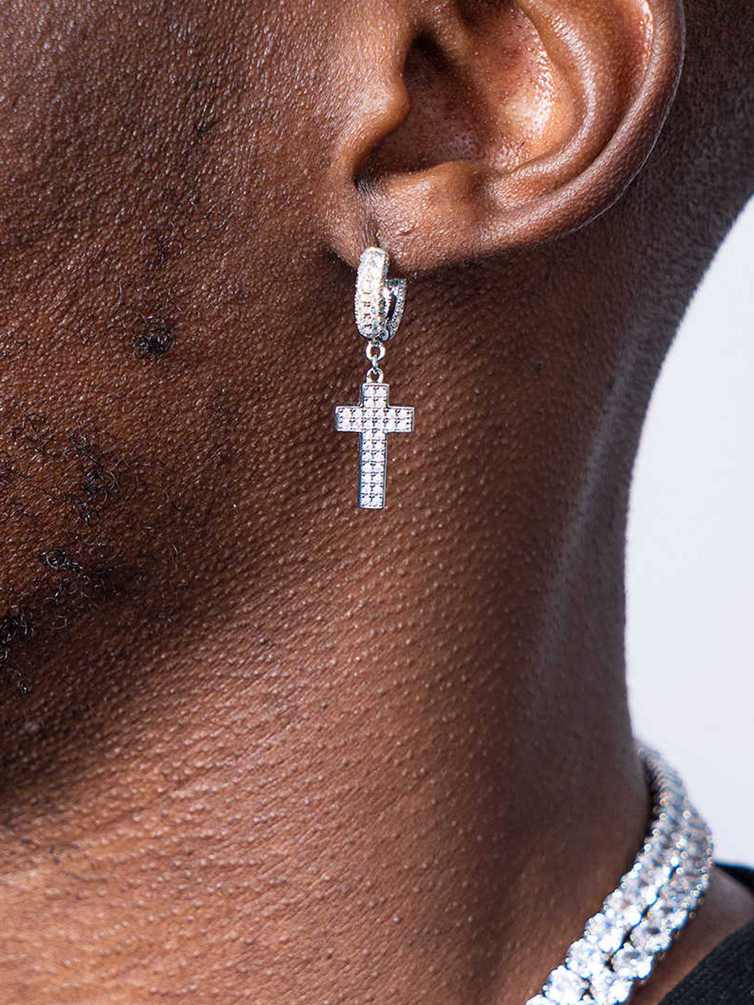 925 Sterling Silver Double Sided-drill Cross Earrings with Small Hoop - Image 6